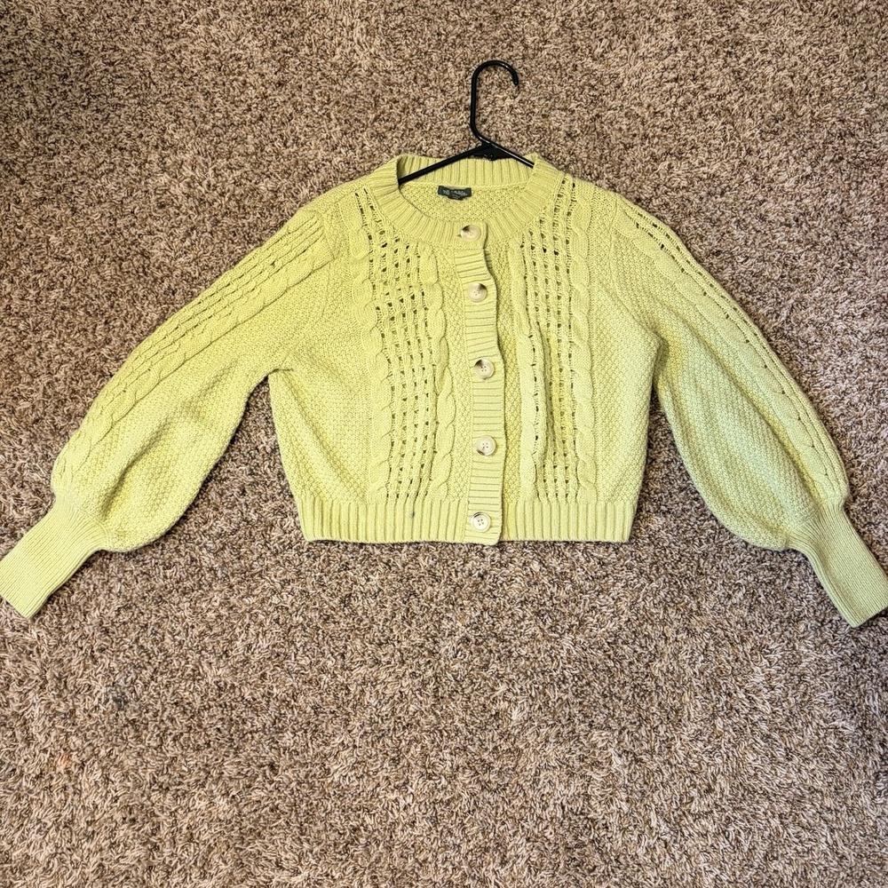Wild Fable Cropped Cable Knit Cardigan Sweater Medium Green Balloon Sleeve